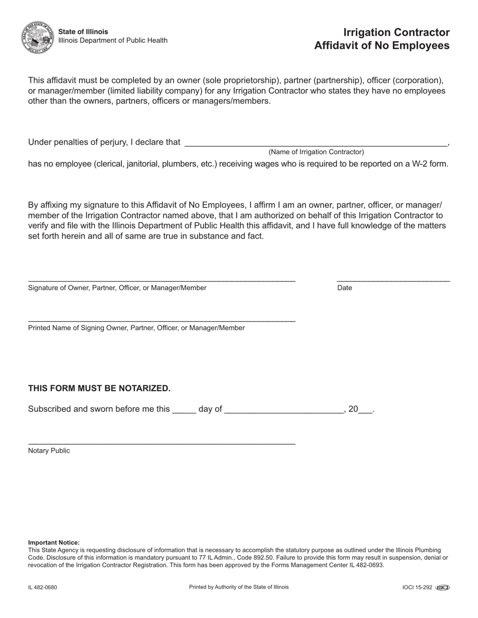 Form IL482-0680 Irrigation Contractor Affidavit of No Employees - Illinois, Page 1