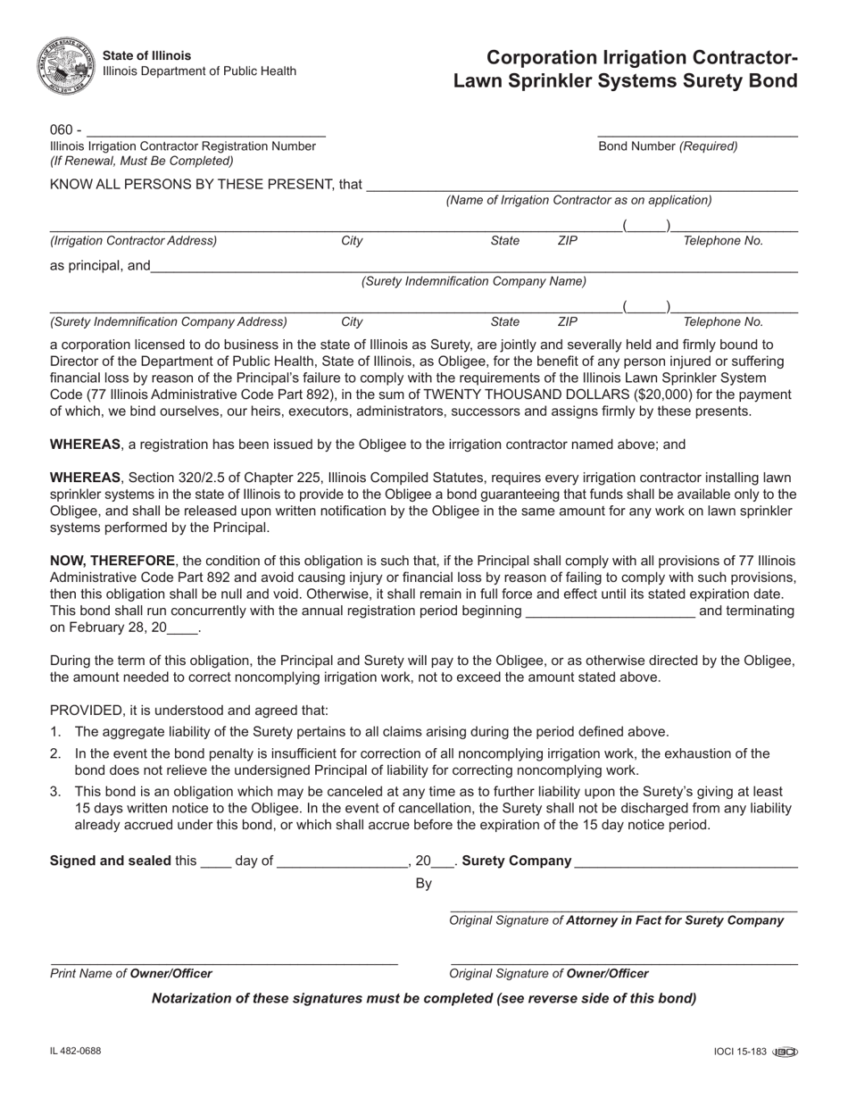 Form IL482-0688 Corporation Irrigation Contractor - Lawn Sprinkler Systems Surety Bond - Illinois, Page 1