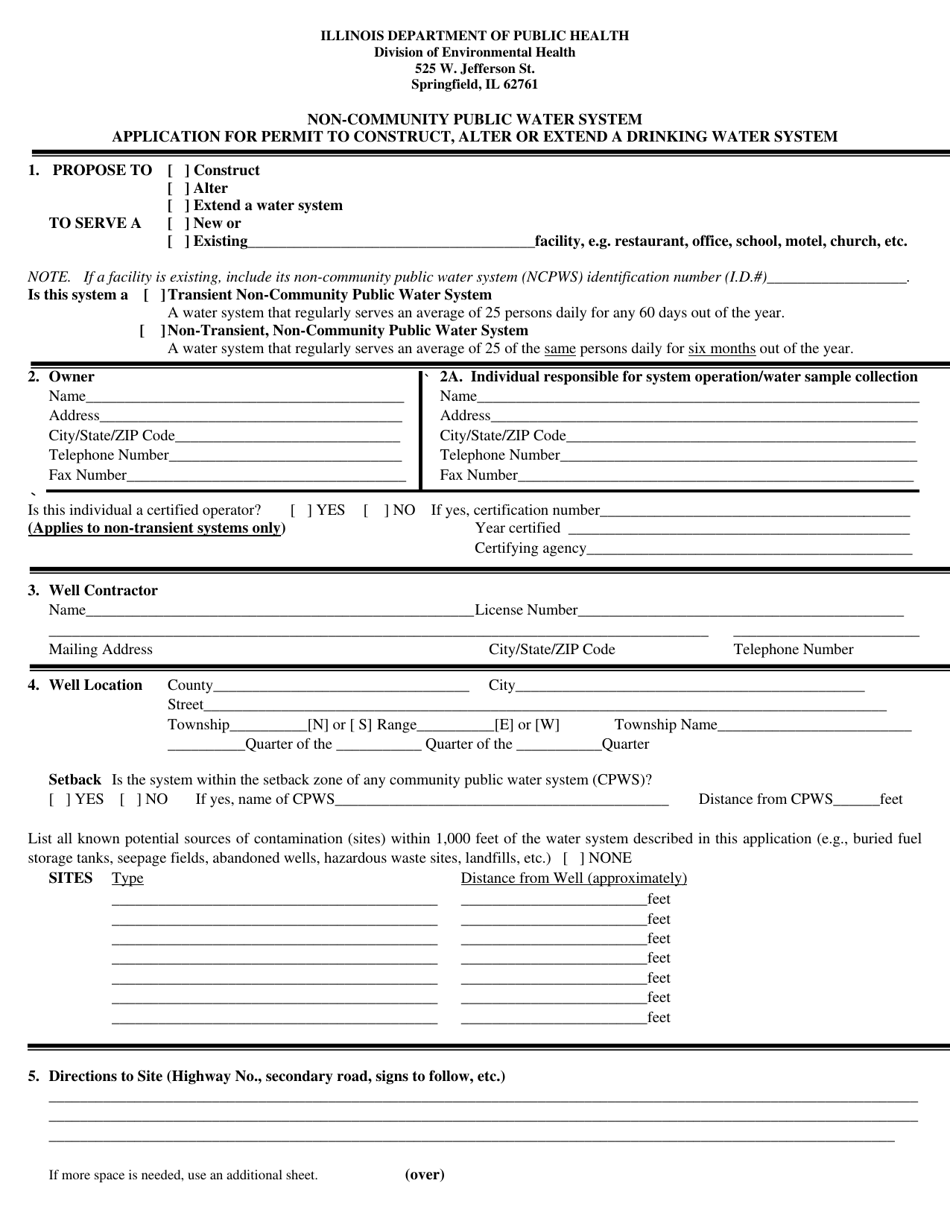 Form IL482-0992 Non-community Public Water System Application for Permit to Construct, Alter or Extend a Drinking Water System - Illinois, Page 1