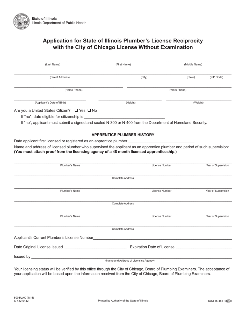 Form 5003 / JAC (IL482-0142) Application for State of Illinois Plumbers License Reciprocity With the City of Chicago License Without Examination - Illinois, Page 1