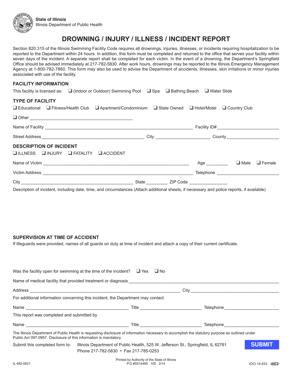 Form IL482-0821 Drowning / Injury / Illness / Incident Report - Illinois, Page 1