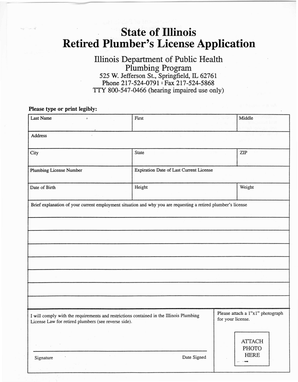 Retired Plumbers License Application - Illinois, Page 1