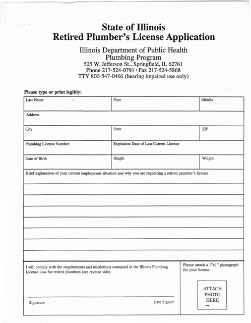 Retired Plumber's License Application - Illinois Download Pdf