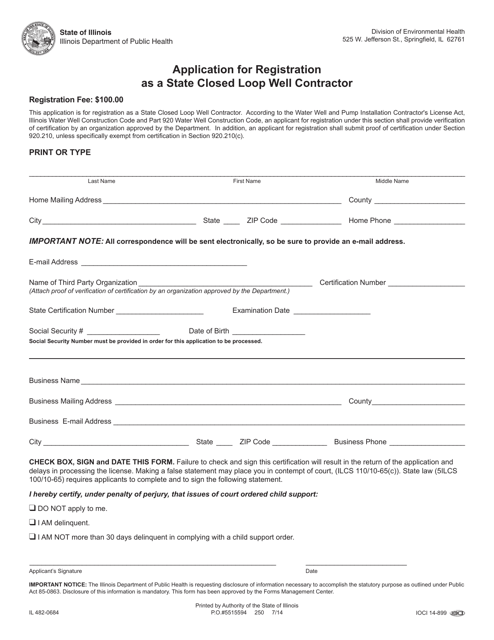 Form IL482-0684 Application for Registration as a State Closed Loop Well Contractor - Illinois
