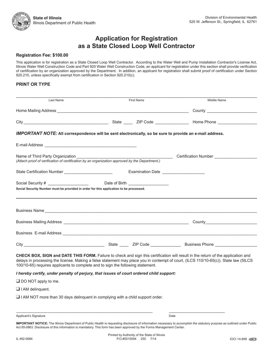 Form IL482-0684 Application for Registration as a State Closed Loop Well Contractor - Illinois, Page 1