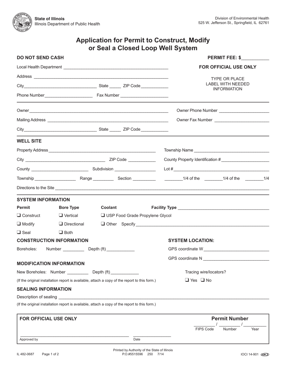 Form IL482-0687 Application for Permit to Construct, Modify or Seal a Closed Loop Well System - Illinois, Page 1