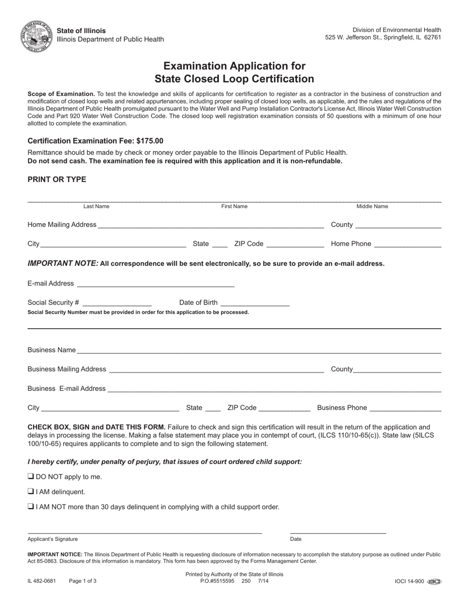 Form IL482-0681 Examination Application for State Closed Loop Certification - Illinois, Page 1