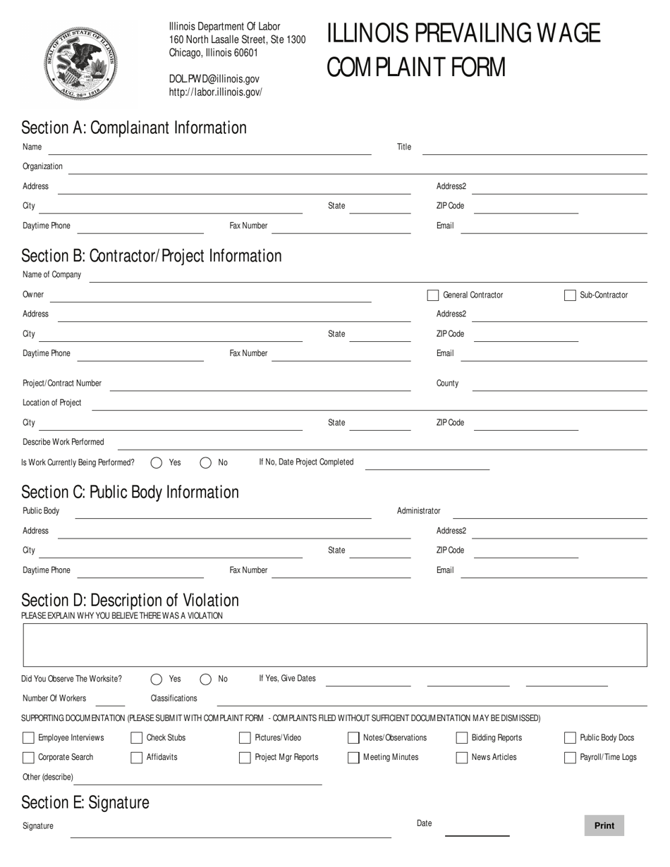 Illinois Prevailing Wage Complaint Form - Illinois, Page 1