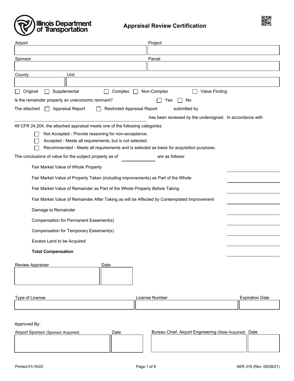 Form AER316 Appraisal Review Certification - Illinois, Page 1