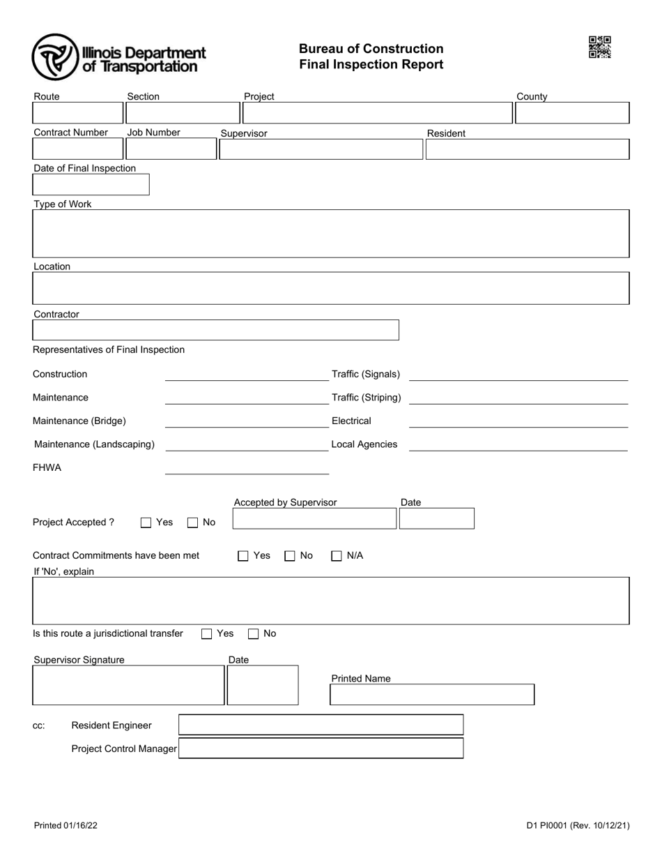 Form D1 PI0001 Bureau of Construction Final Inspection Report - Illinois, Page 1