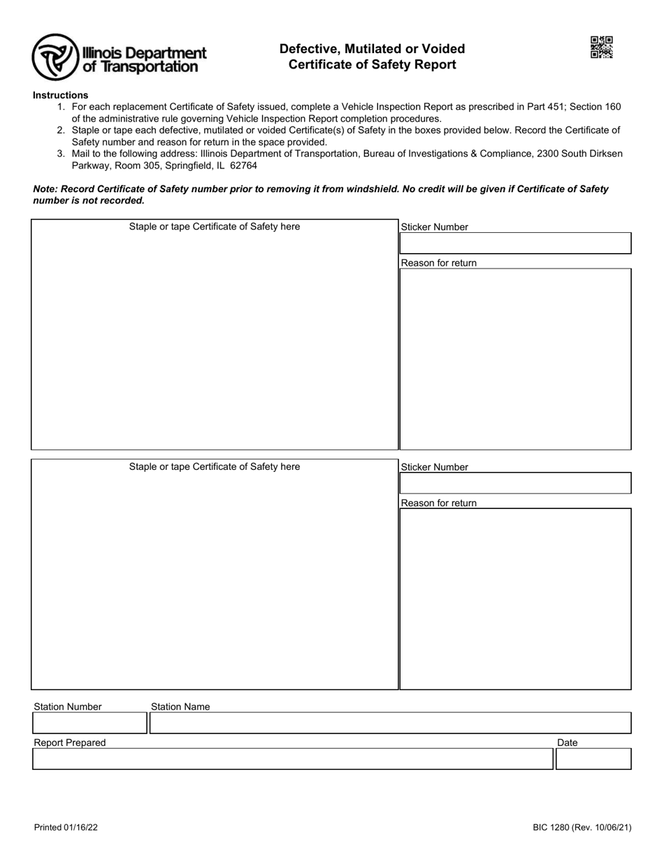 Form BIC1280 Defective, Mutilated or Voided Certificate of Safety Report - Illinois, Page 1