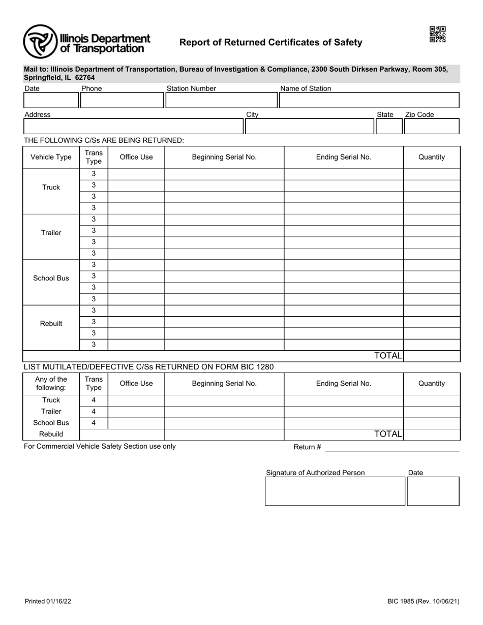 Form BIC1985 Report of Returned Certificates of Safety - Illinois, Page 1