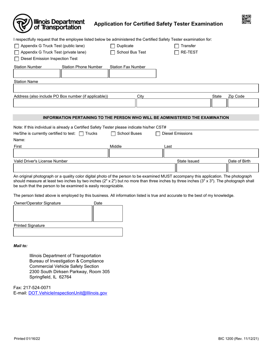 Form BIC1200 Application for Certified Safety Tester Examination - Illinois, Page 1