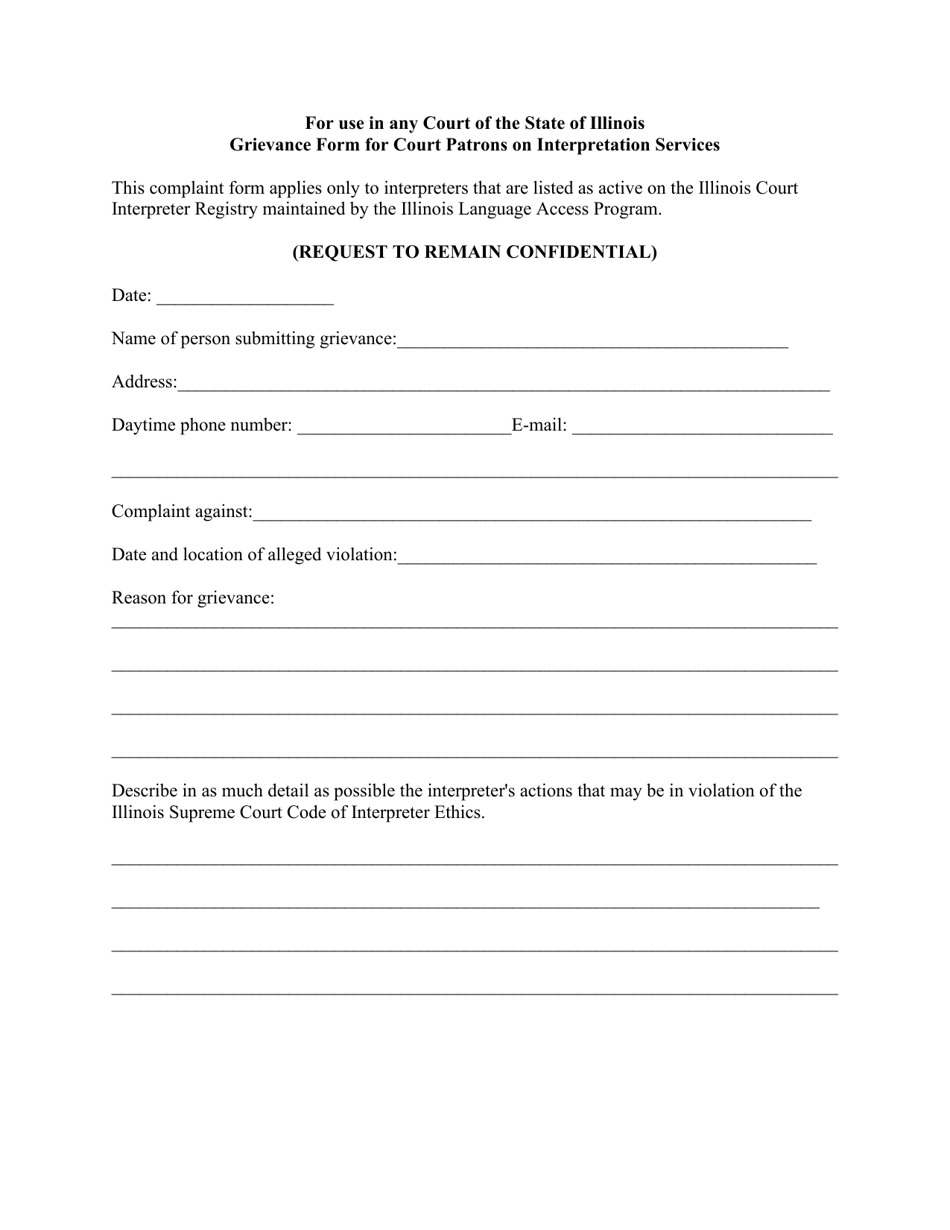 Grievance Form for Court Patrons on Interpretation Services - Illinois, Page 1