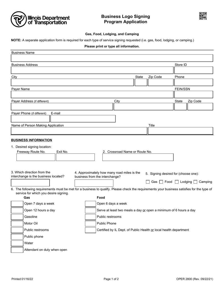 Form OPER2800 Business Logo Signing Program Application - Illinois, Page 1