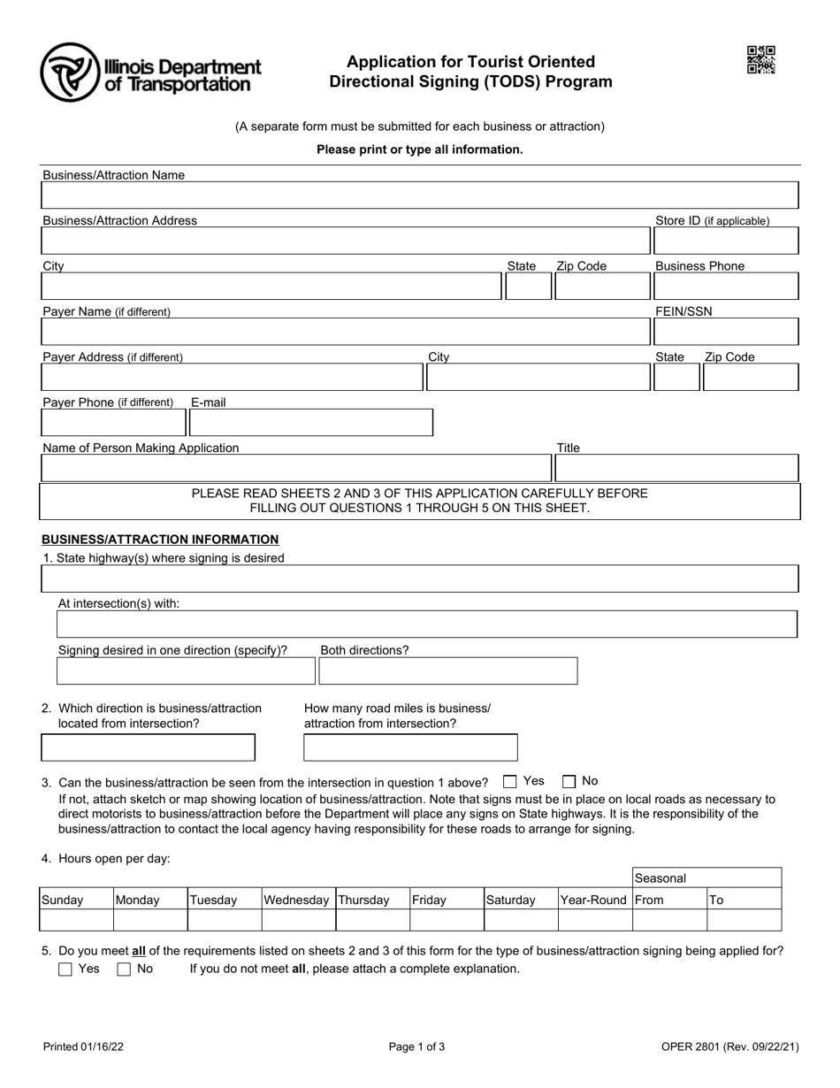 Form OPER2801 Application for Tourist Oriented Directional Signing (Tods) Program - Illinois, Page 1