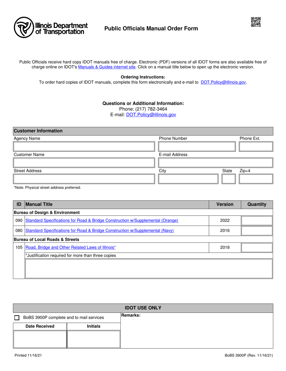 Form BoBS3900P Public Officials Manual Order Form - Illinois, Page 1