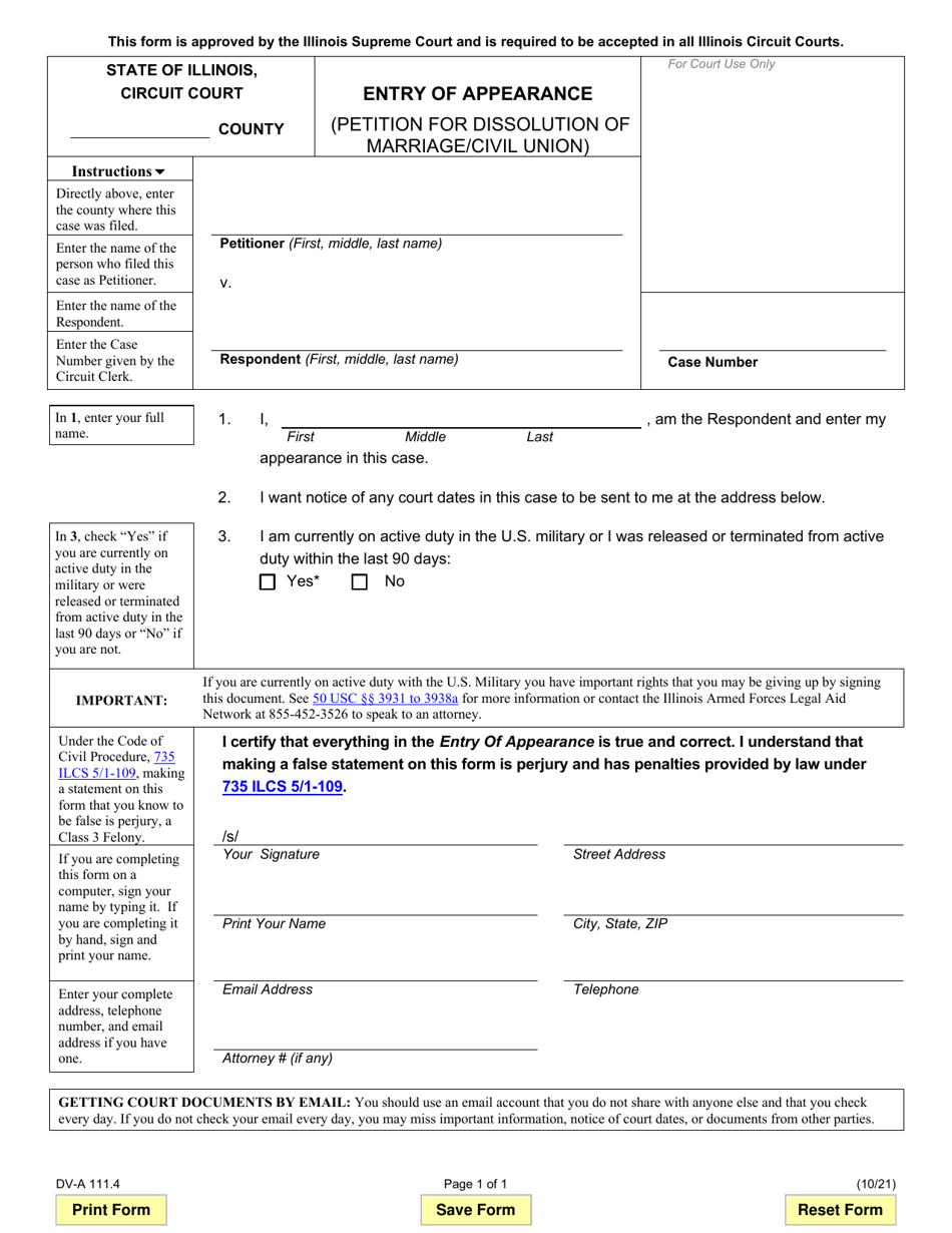 Form DV-A111.4 Entry of Appearance (Petition for Dissolution of Marriage/Civil Union) - Illinois, Page 1