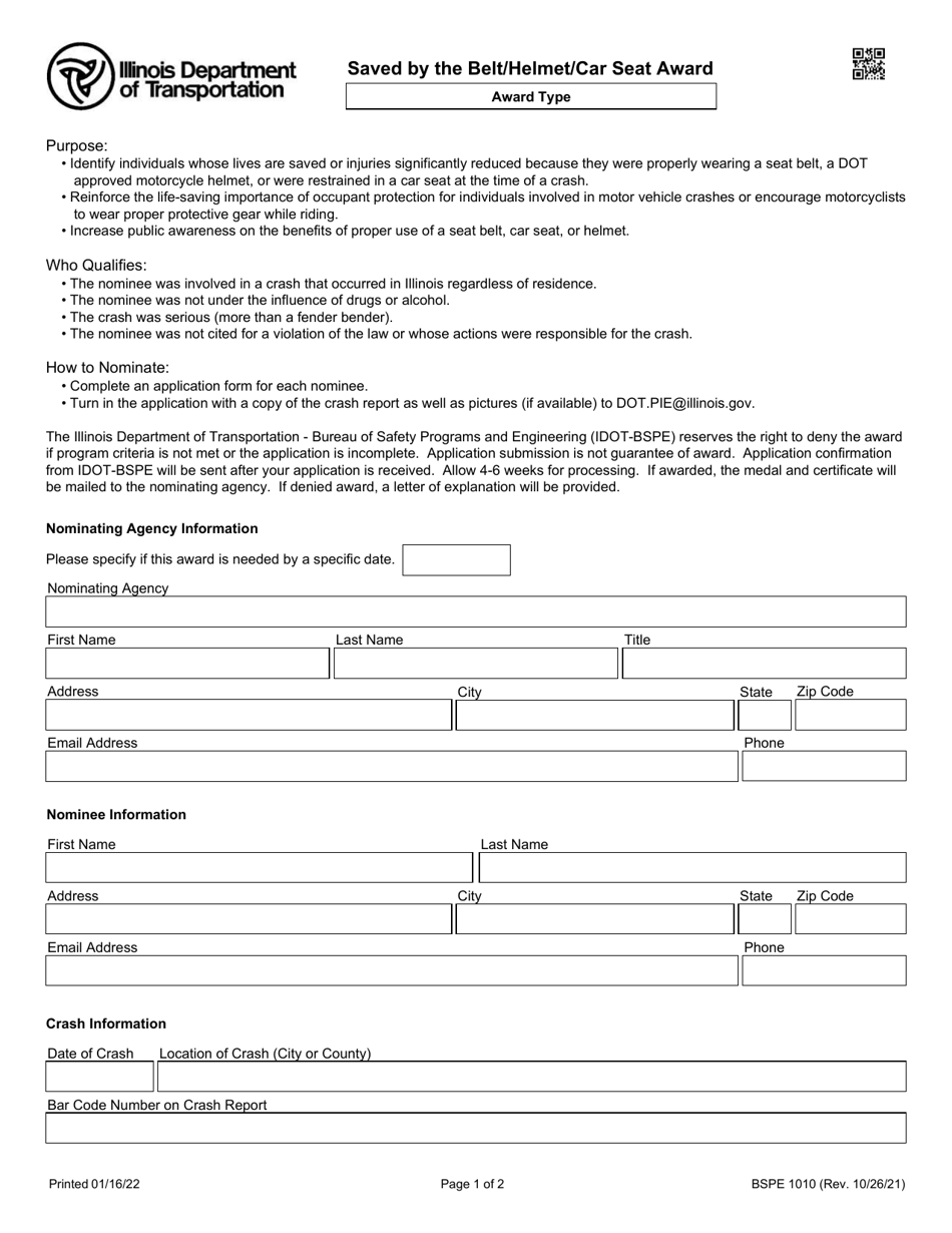Form BSPE1010 Saved by the Belt / Helmet / Car Seat Award - Illinois, Page 1