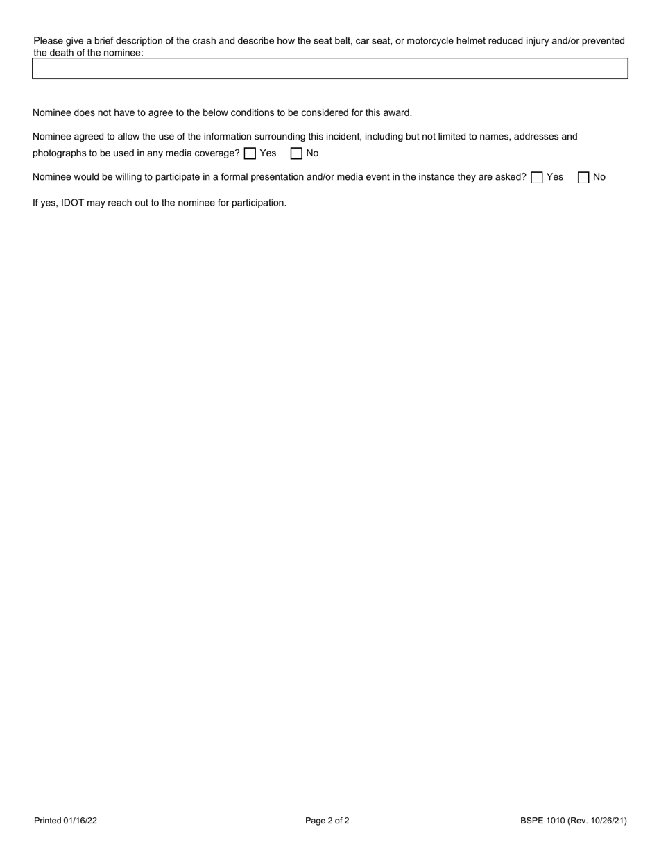 Form BSPE1010 Saved by the Belt / Helmet / Car Seat Award - Illinois, Page 2