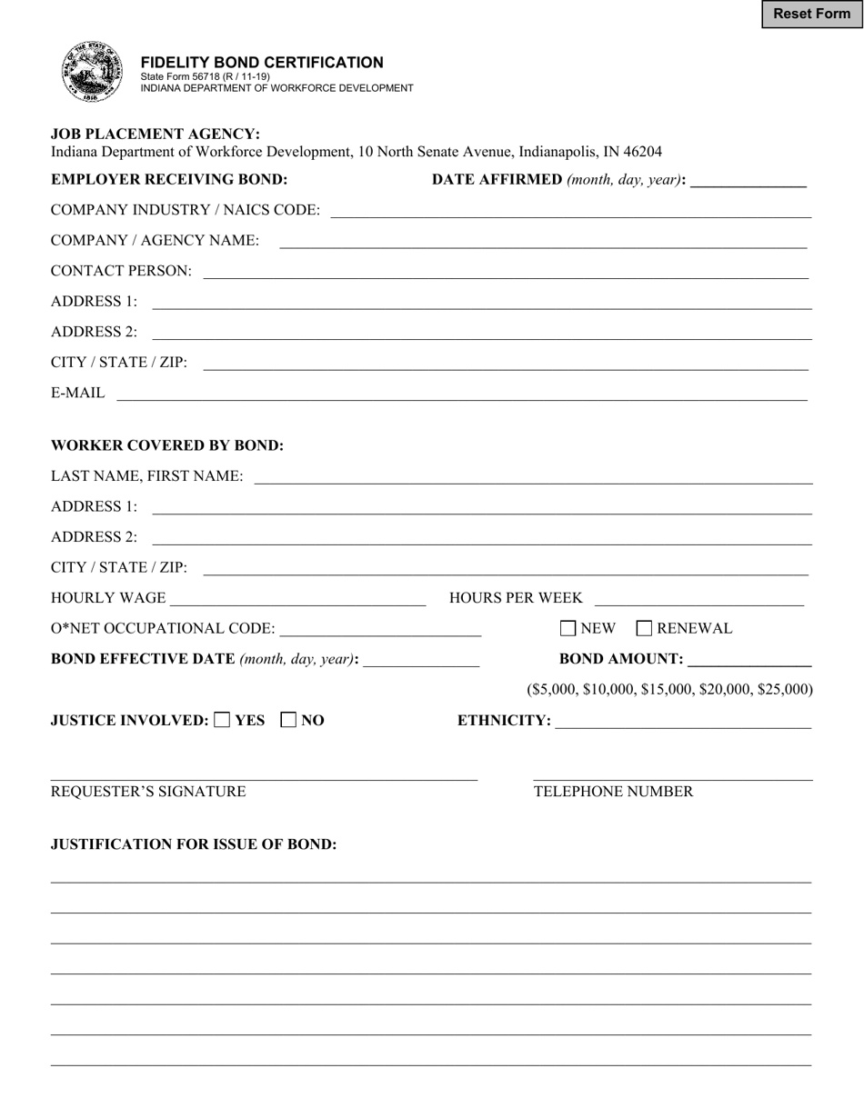 State Form 56718 Fidelity Bond Certification - Indiana, Page 1