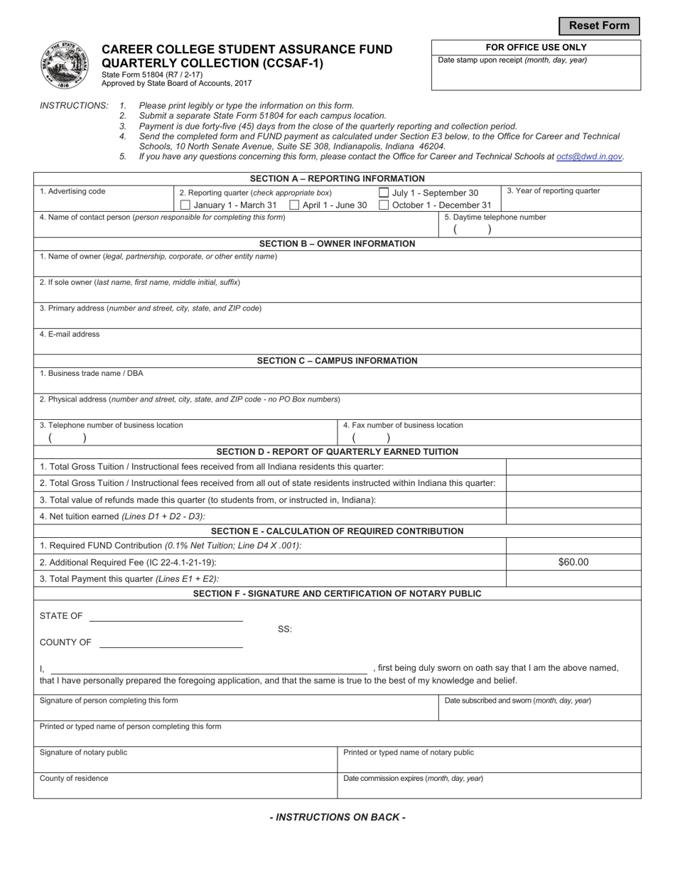 State Form 51804 Career College Student Assurance Fund Quarterly Collection (Ccsaf-1) - Indiana, Page 1
