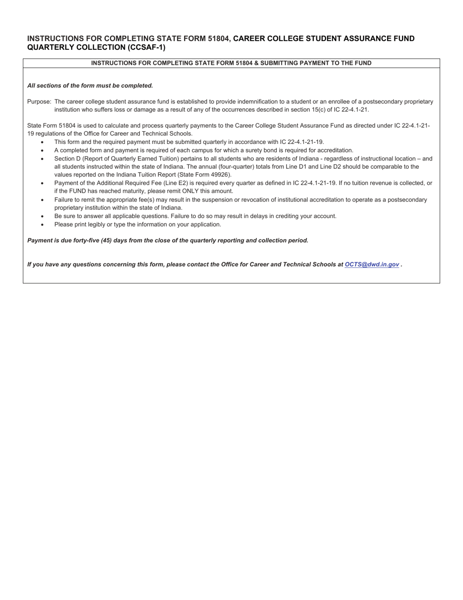 State Form 51804 Career College Student Assurance Fund Quarterly Collection (Ccsaf-1) - Indiana, Page 2