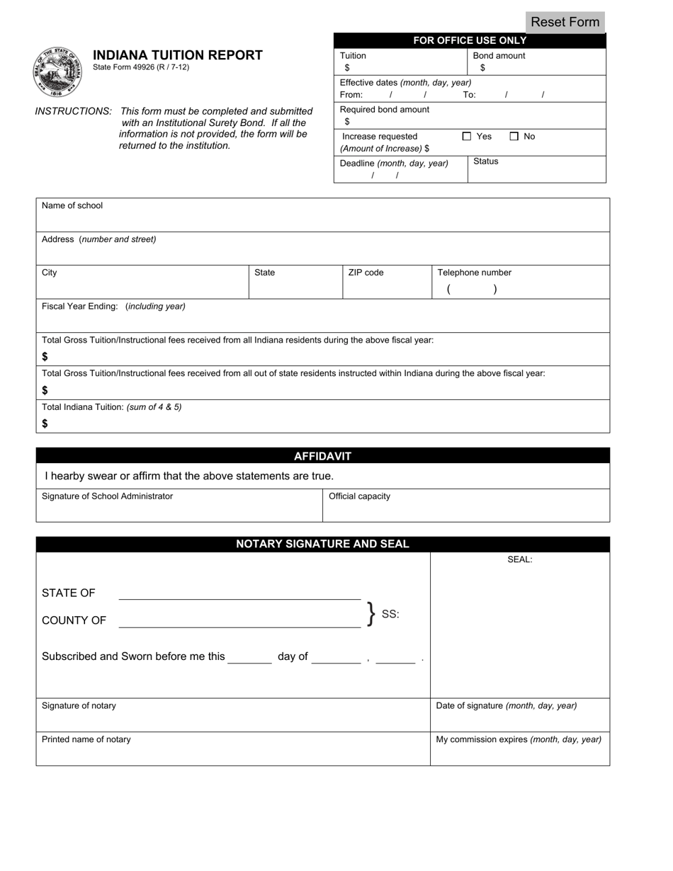 State Form 49926 Indiana Tuition Report - Indiana, Page 1