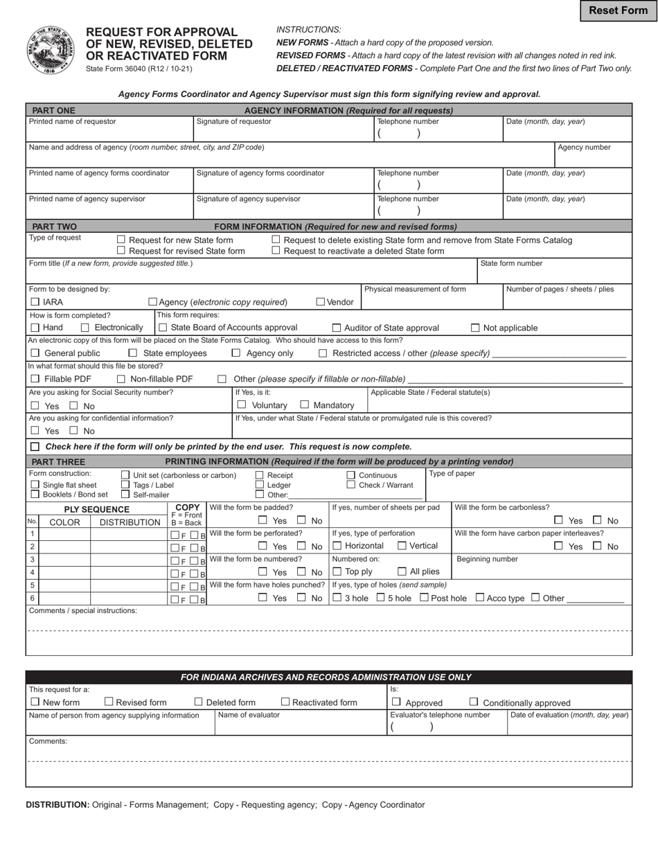 State Form 36040 Request for Approval of New, Revised, Deleted or Reactivated Form - Indiana, Page 1