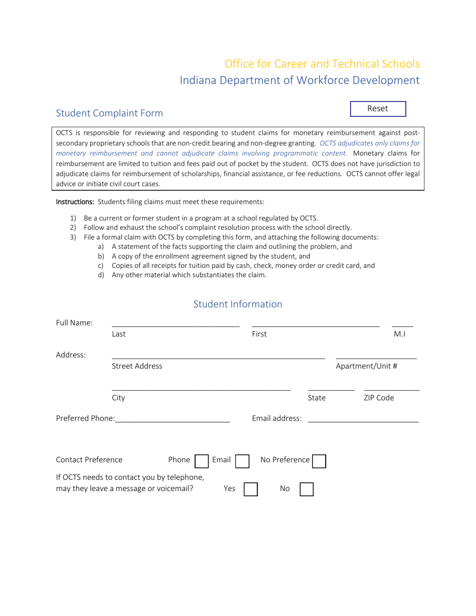 Student Complaint Form - Indiana, Page 1