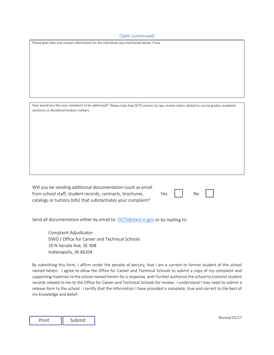 Student Complaint Form - Indiana, Page 3
