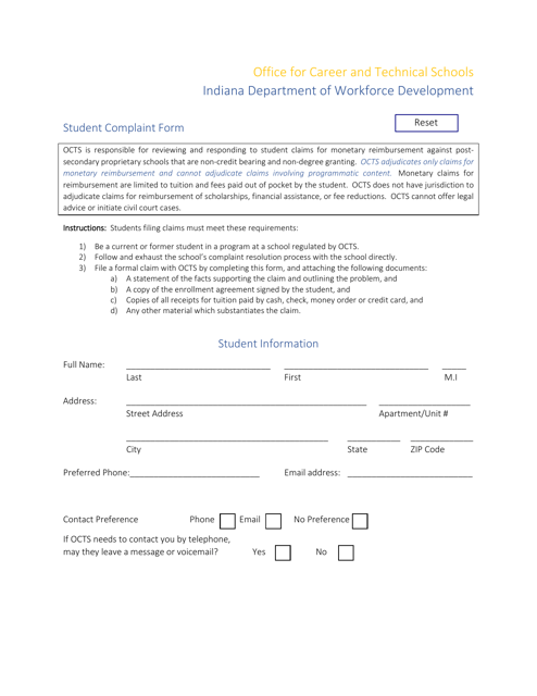 Student Complaint Form - Indiana