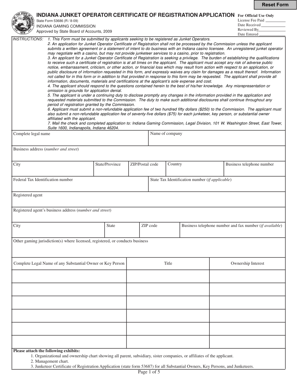 State Form 53686 Indiana Junket Operator Certificate of Registration Application - Indiana, Page 1