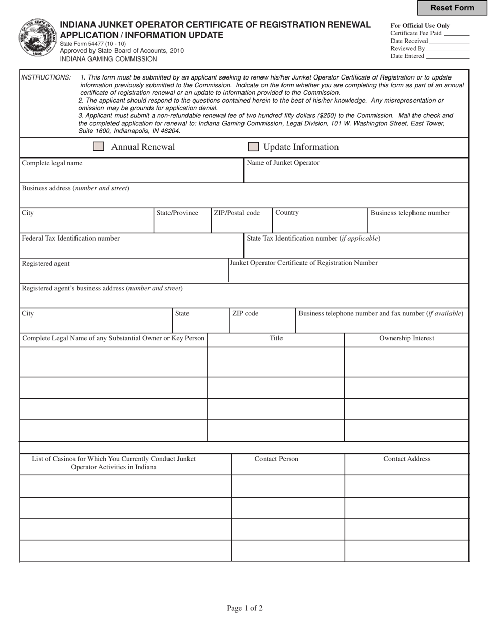State Form 54477 Indiana Junket Operator Certificate of Registration Renewal Application / Information Update - Indiana, Page 1