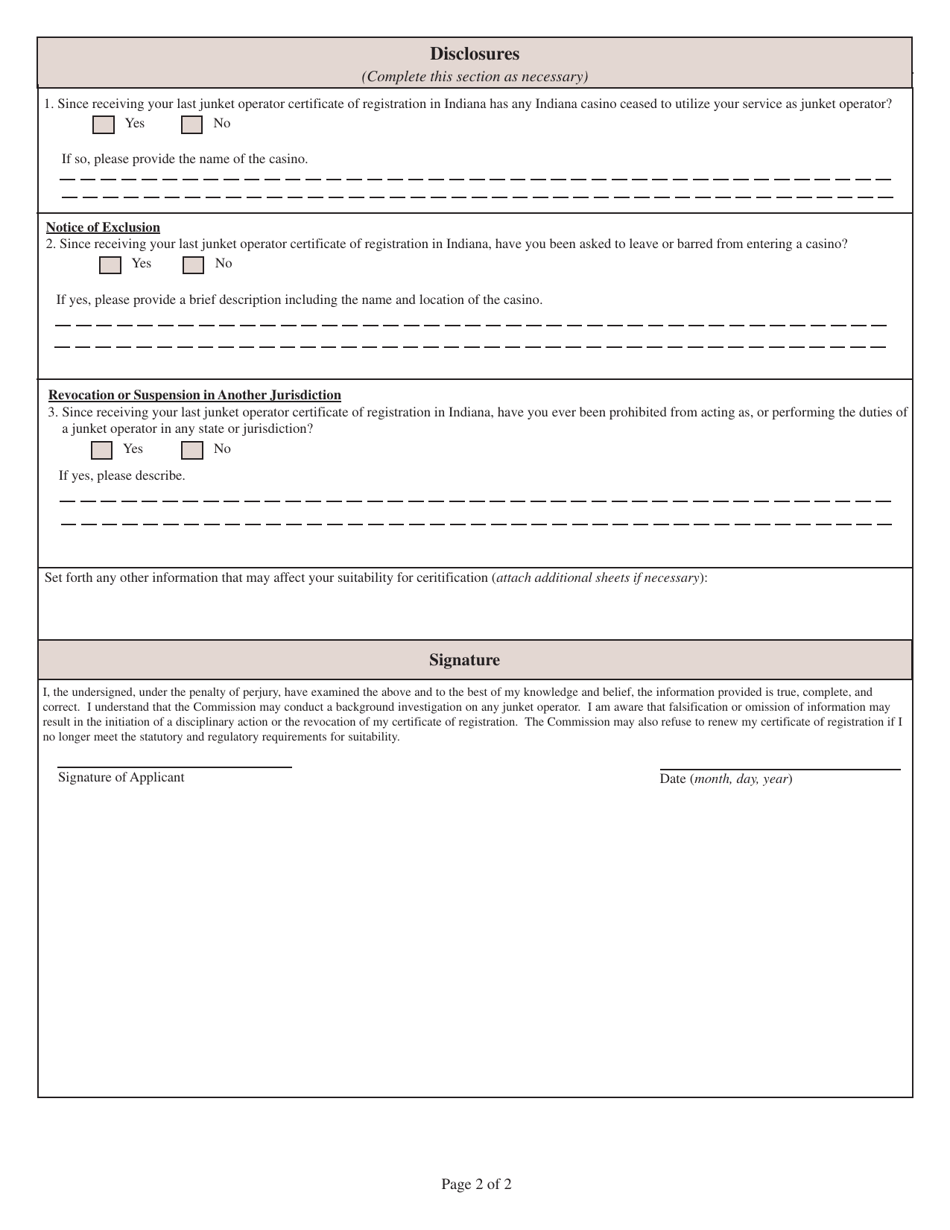 State Form 54477 Indiana Junket Operator Certificate of Registration Renewal Application / Information Update - Indiana, Page 2