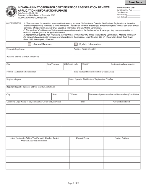 State Form 54477 Indiana Junket Operator Certificate of Registration Renewal Application/Information Update - Indiana
