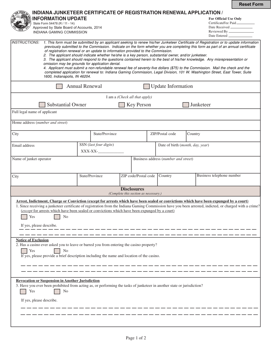 State Form 54478 Indiana Junketeer Certificate of Registration Renewal Application / Information Update - Indiana, Page 1