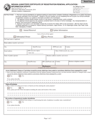 Document preview: State Form 54478 Indiana Junketeer Certificate of Registration Renewal Application/Information Update - Indiana