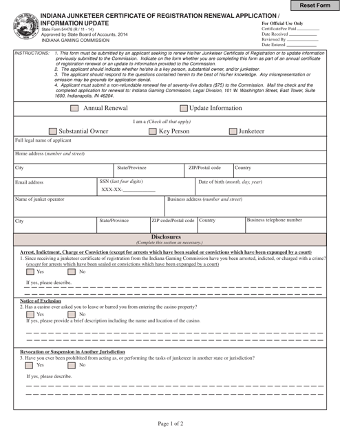 State Form 54478  Printable Pdf