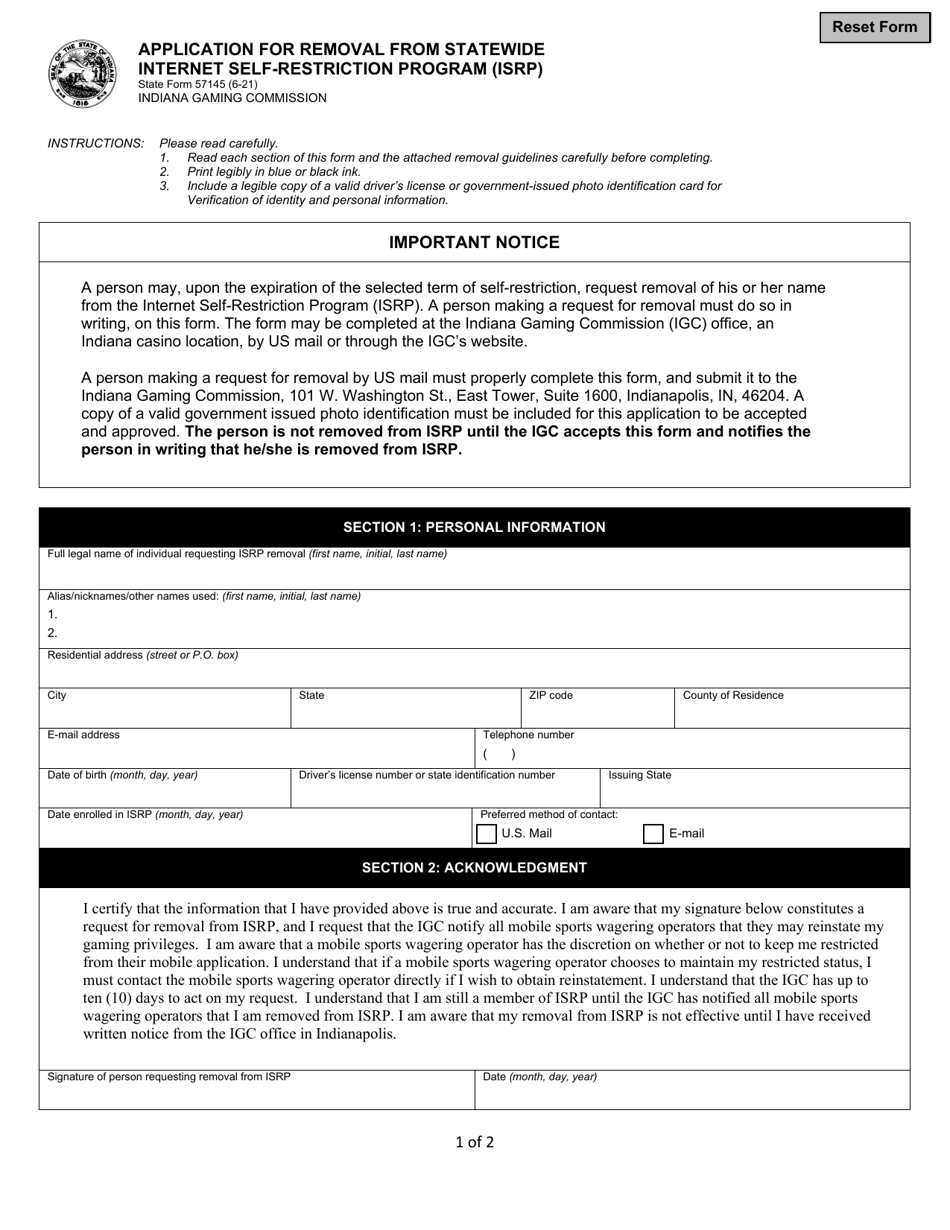 State Form 57145 Application for Removal From Statewide Internet Self-restriction Program (Isrp) - Indiana, Page 1