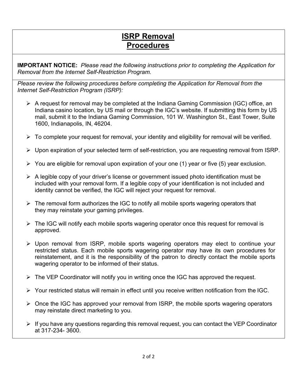 State Form 57145 Application for Removal From Statewide Internet Self-restriction Program (Isrp) - Indiana, Page 2