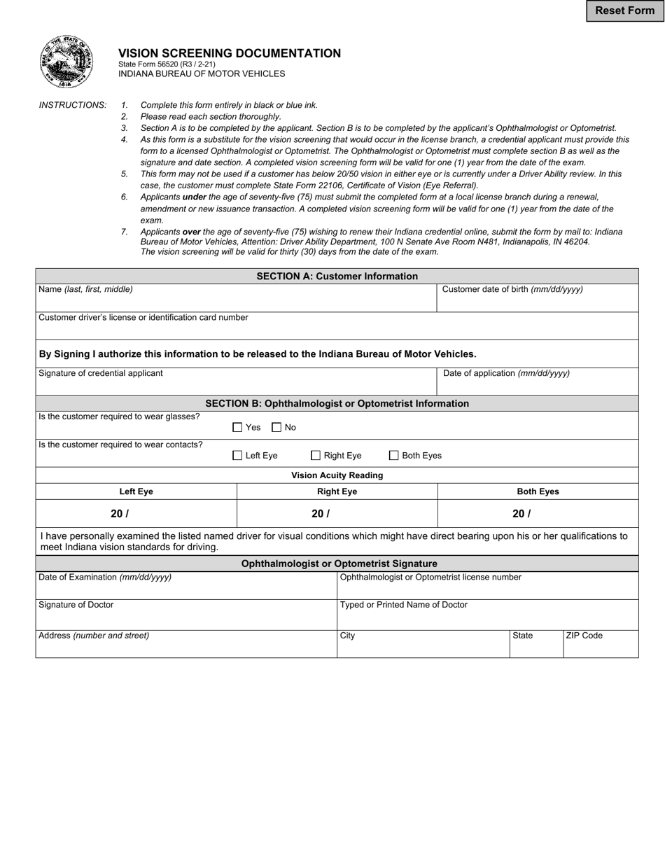 State Form 56520 Vision Screening Documentation - Indiana, Page 1