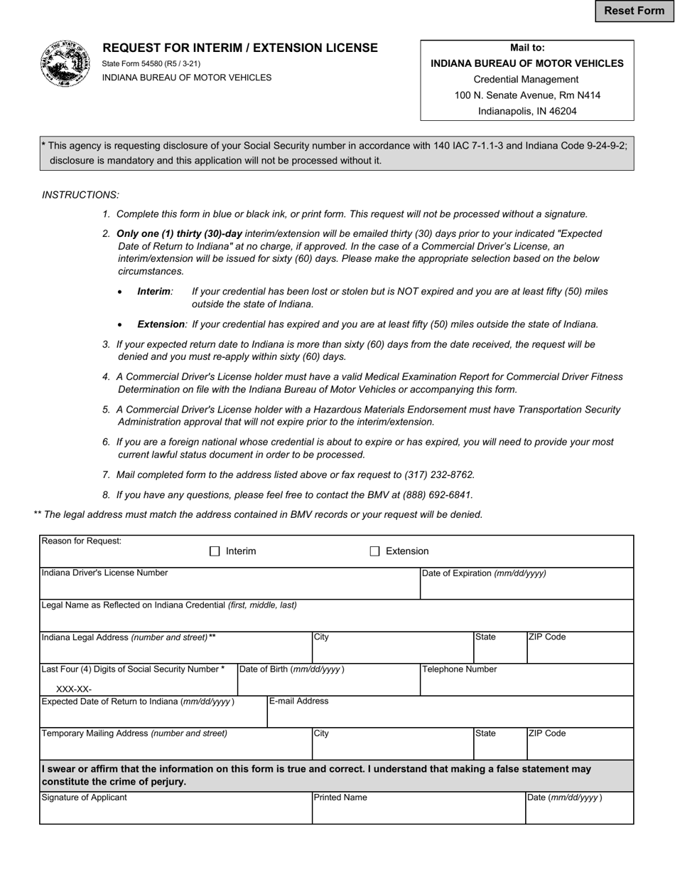 State Form 54580 Request for Interim / Extension License - Indiana, Page 1