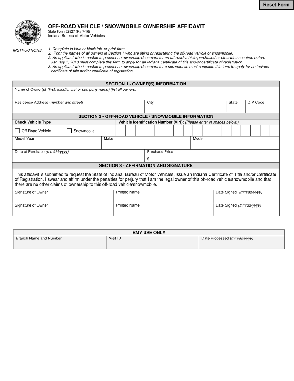 State Form 52827 Off-Road Vehicle / Snowmobile Ownership Affidavit - Indiana, Page 1