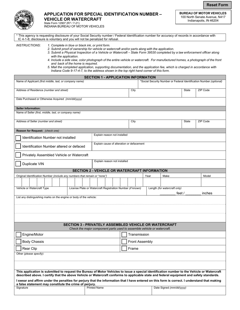 State Form 12907 Application for Special Identification Number - Vehicle or Watercraft - Indiana, Page 1