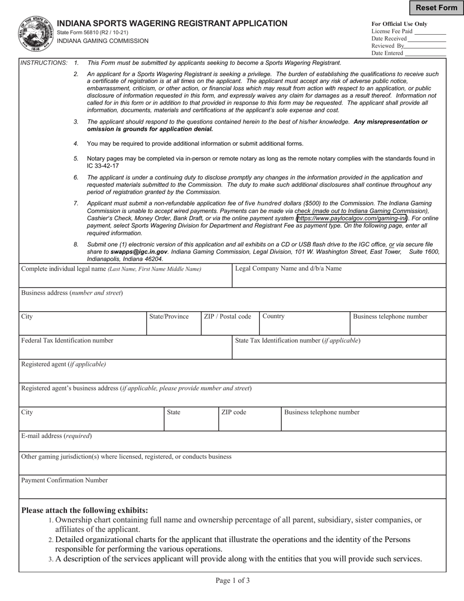 State Form 56810 Indiana Sports Wagering Registrant Application - Indiana, Page 1