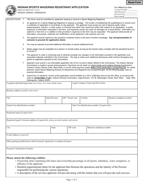 State Form 56810 Indiana Sports Wagering Registrant Application - Indiana