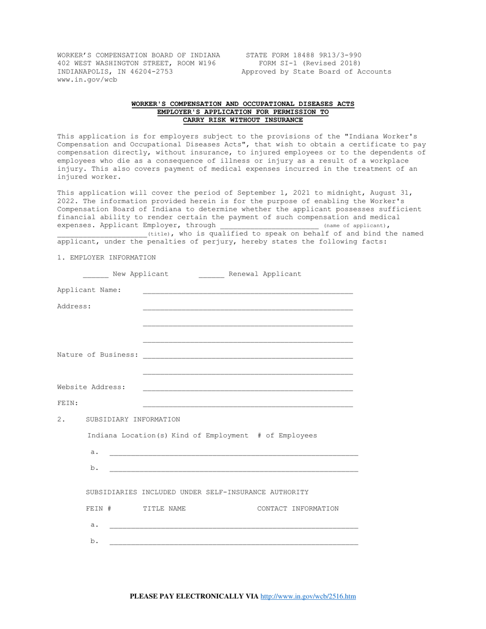 State Form 18488 (SI-1) Employers Application for Permission to Carry Risk Without Insurance - Indiana, Page 1