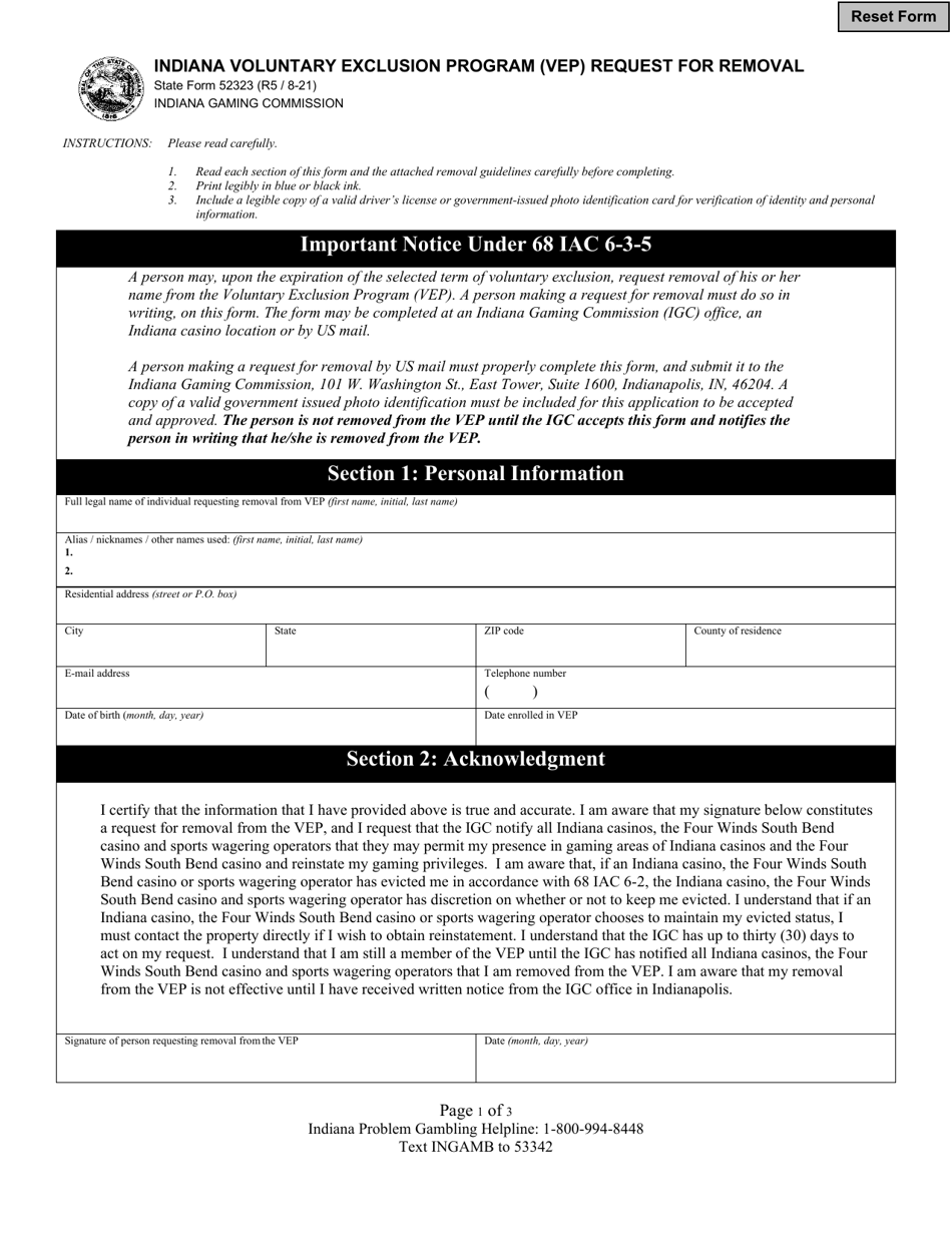 State Form 52323 Request for Removal - Indiana Voluntary Exclusion Program (Vep) - Indiana, Page 1
