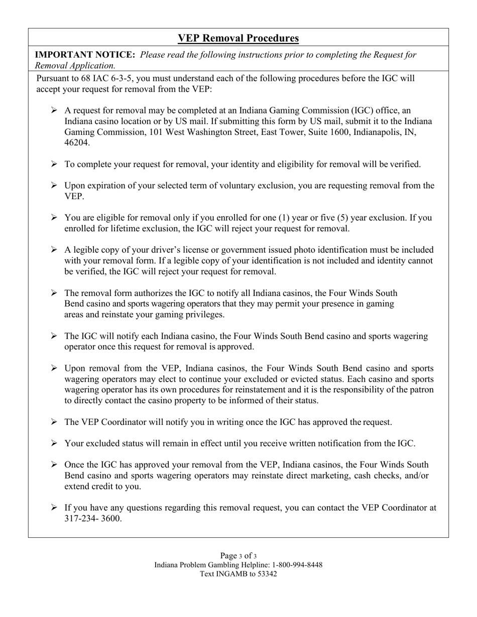 State Form 52323 Request for Removal - Indiana Voluntary Exclusion Program (Vep) - Indiana, Page 3